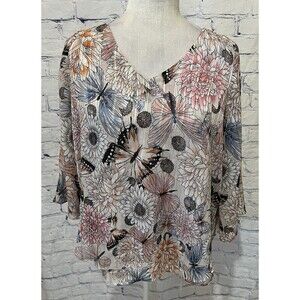 Roz & Ali Butterfly and Floral Semi Sheer Blouse Silver Metallic Threads Size S